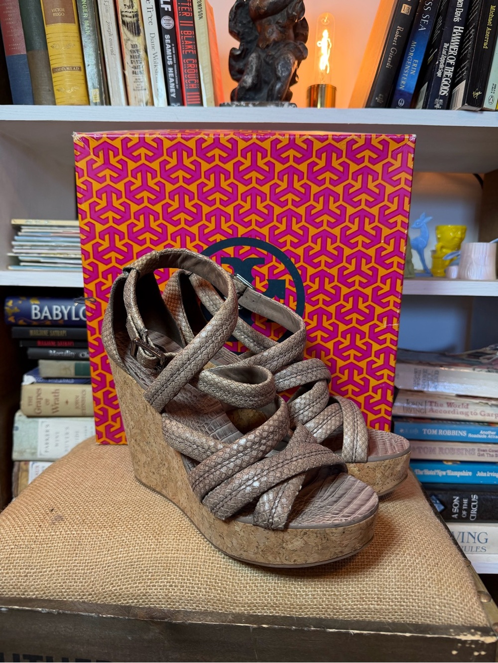 Woven Cork Wedge Sandals in Taupe